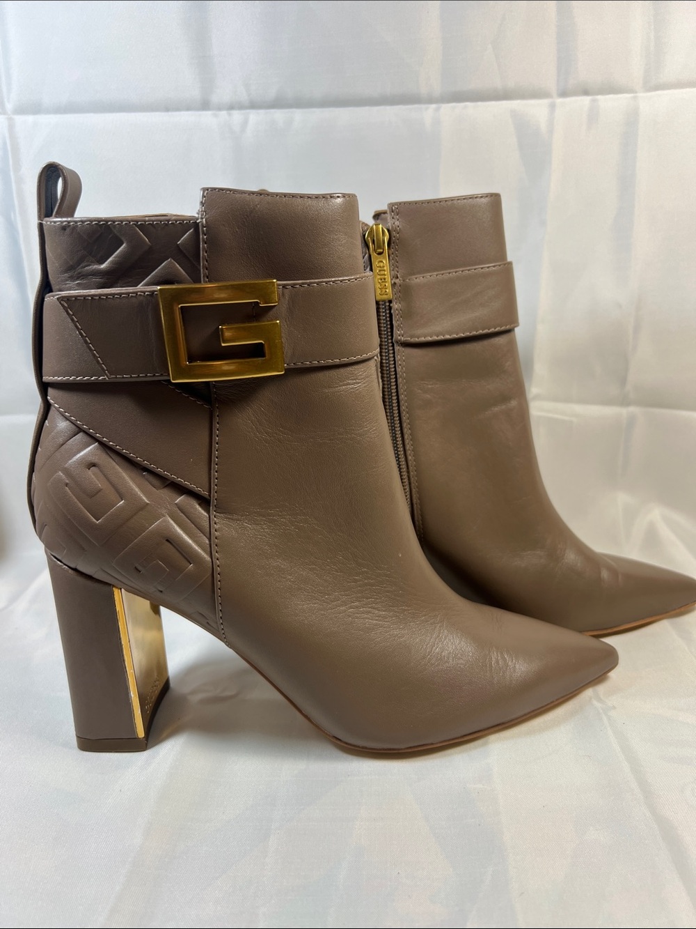 Guess Brown Leather Ankle Boots with Gold G Buckle